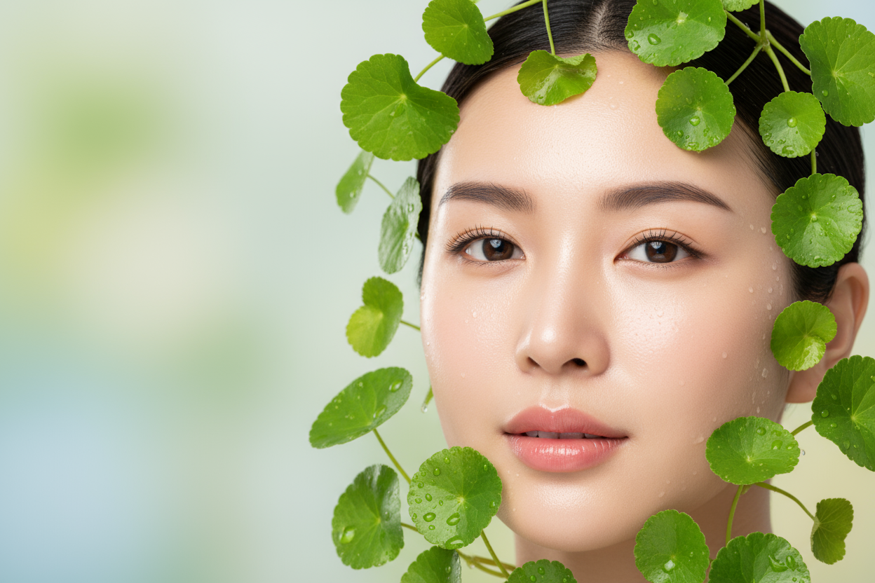 piel coreana sin productos , solo con hojas de centella asiatica